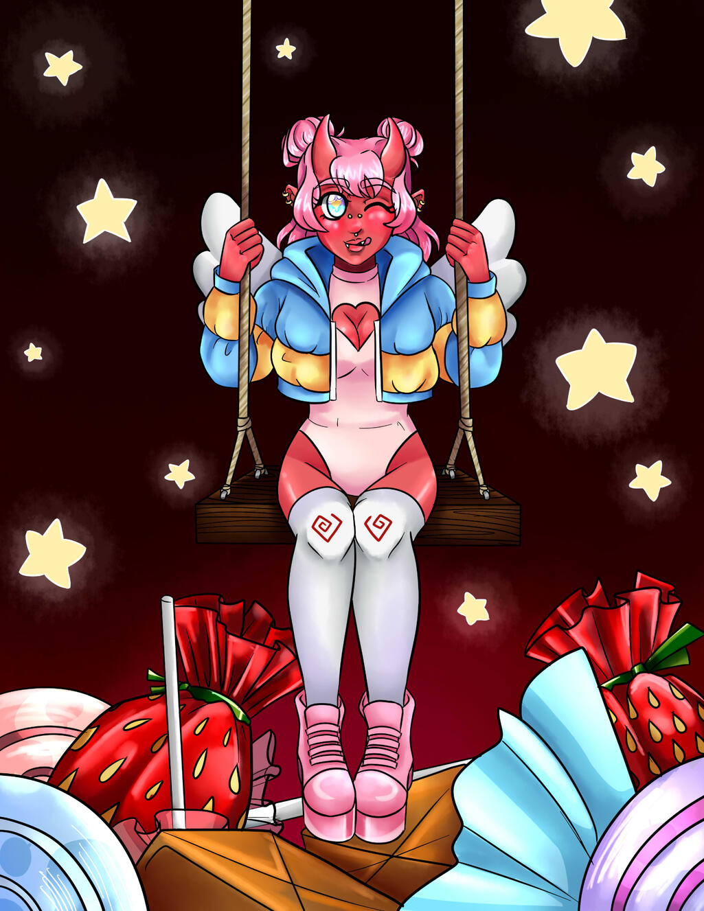 Oni girl on swing above candy