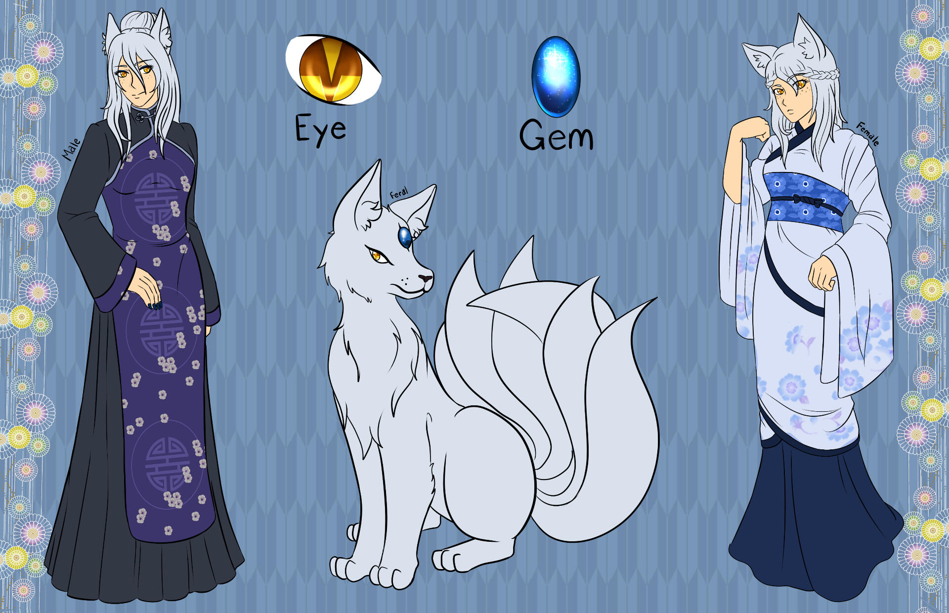 reference of a kitsune with a male and female human form