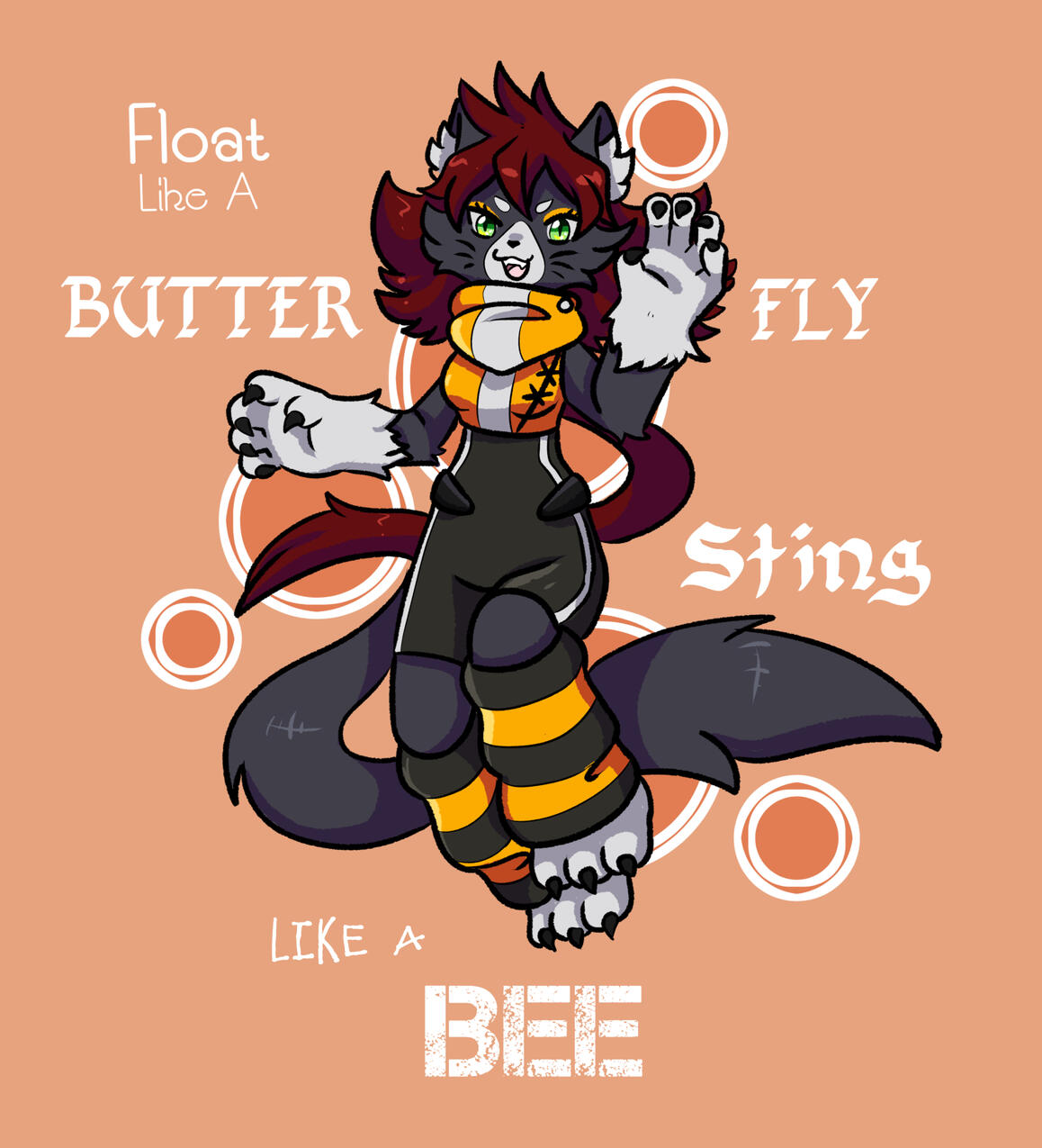 Cat anthro with text &quot;float like a butterfly sting like a bee&quot;