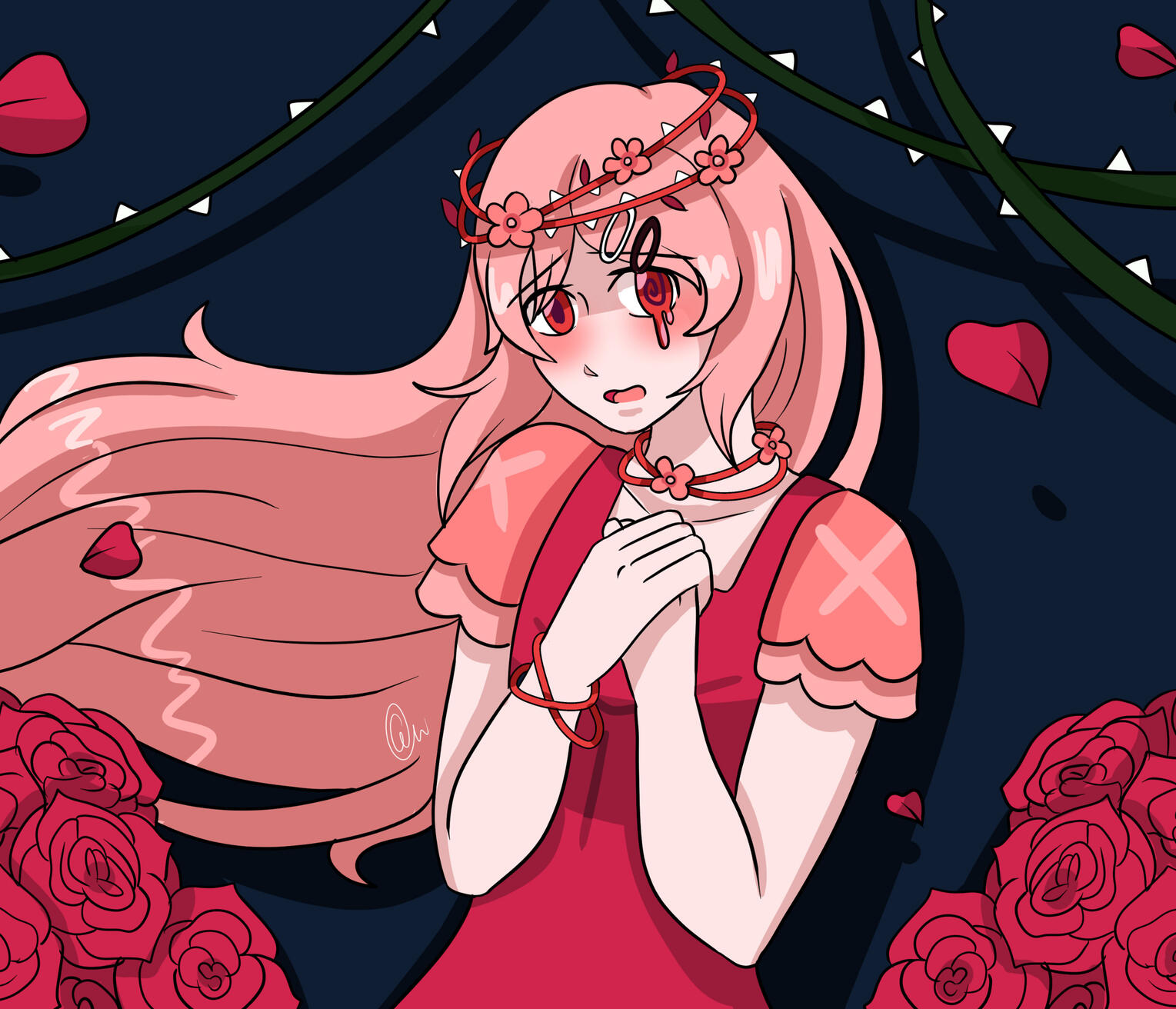 Girl surrounded in roses and thorns