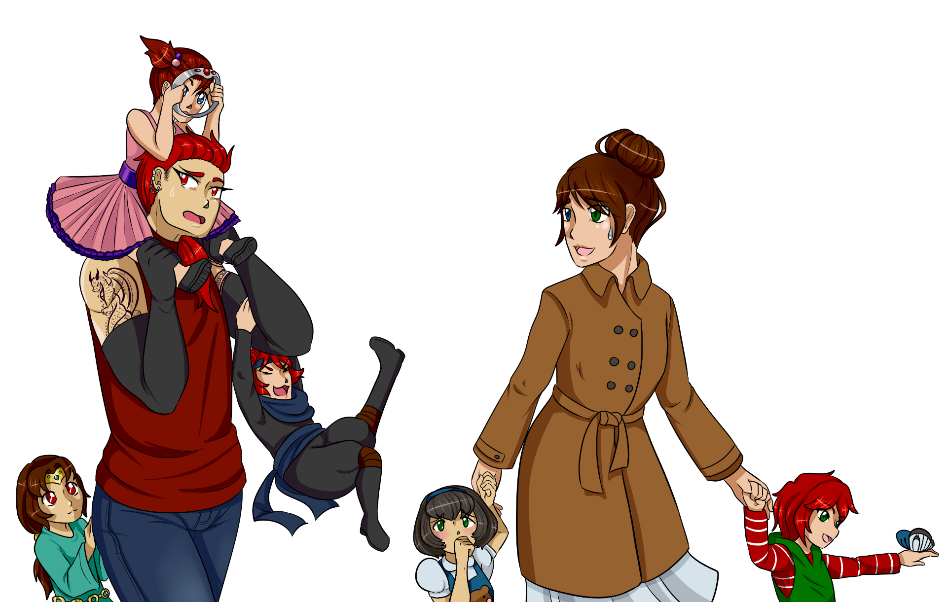 Two young parents and their children