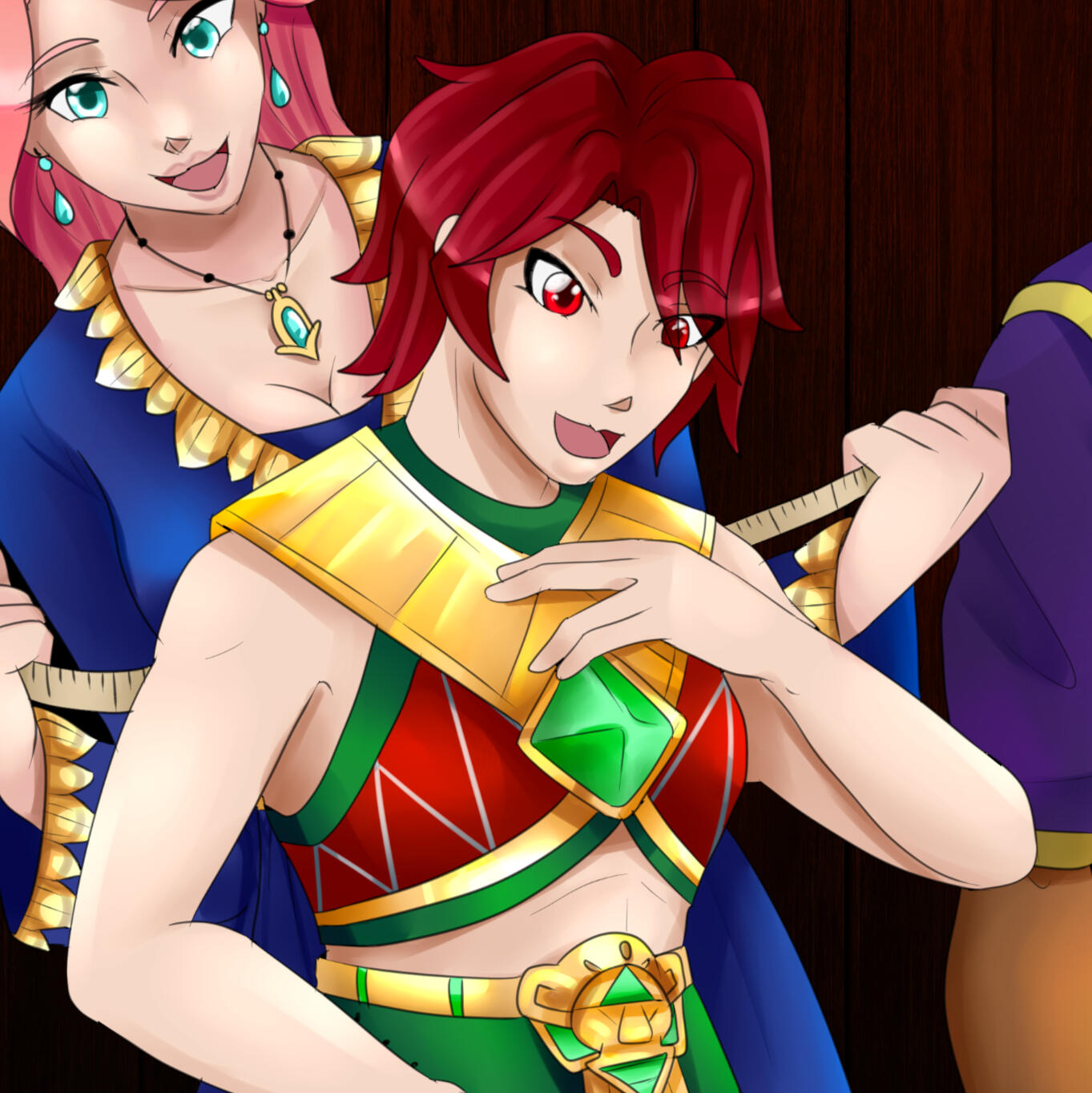 Person being sized for armor by a woman